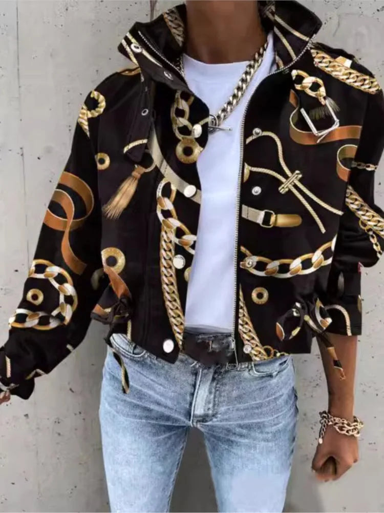 New Printed Short Casual Jacket Women Fashion Elegant Outerwear.  S-2X