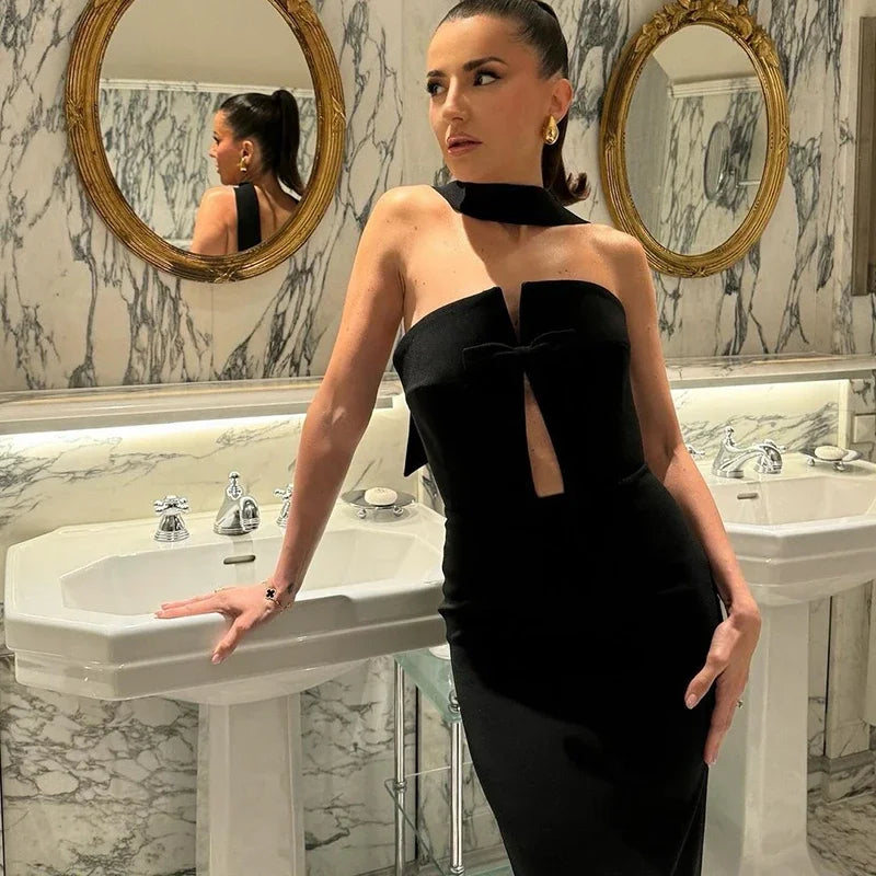 Fashion Sexy Maxi Dress For Women Summer Elegant Strapless Sleeveless Bow Solid Slim Dress Party Dress.   S-L