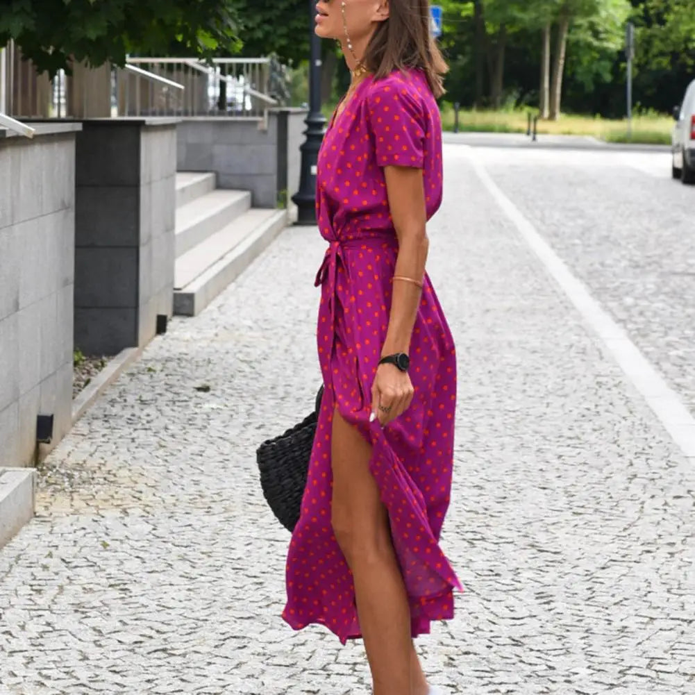 Women Midi Dress V-neck Short Sleeve High Waist Summer Dress.  S-XXL
