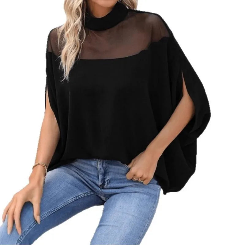 Women's Elegant Sheer Mesh Patchwork Mock Neck Top Loose Fit Casual Batwing Half Sleeve.  S-1X