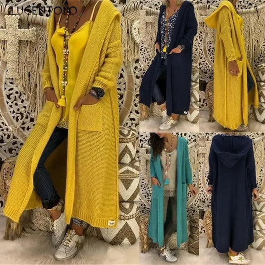 Long Sweater Women Knitted Cardigan Autumn Winter Solid Color Loose Hooded Pocket Casual Fashion Sweater.