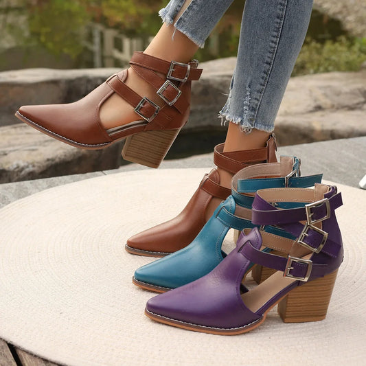 Thick Heel Pointed Toe Retro Belt Buckle Roman Booties PU Leather Rubber Sole