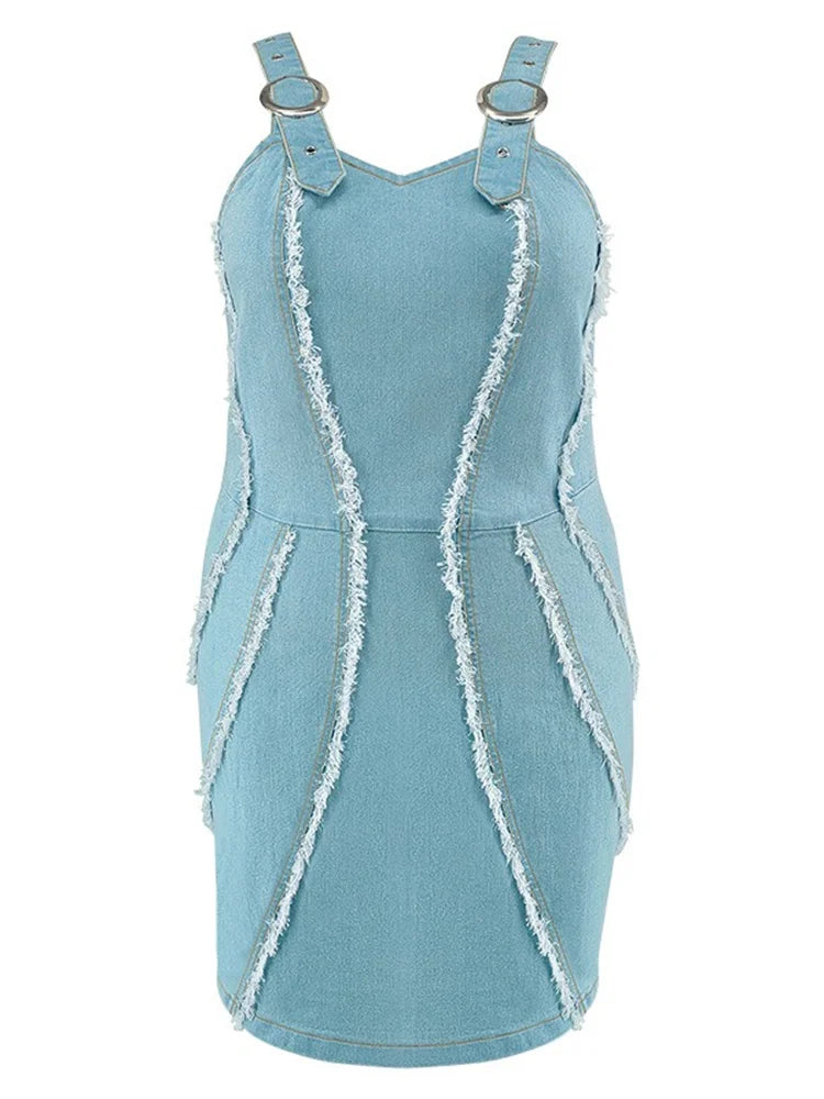 Plus Size Denim Dress for Women Summer Sleeveless Fashion Casual Bodycon Zipper Midi Dress