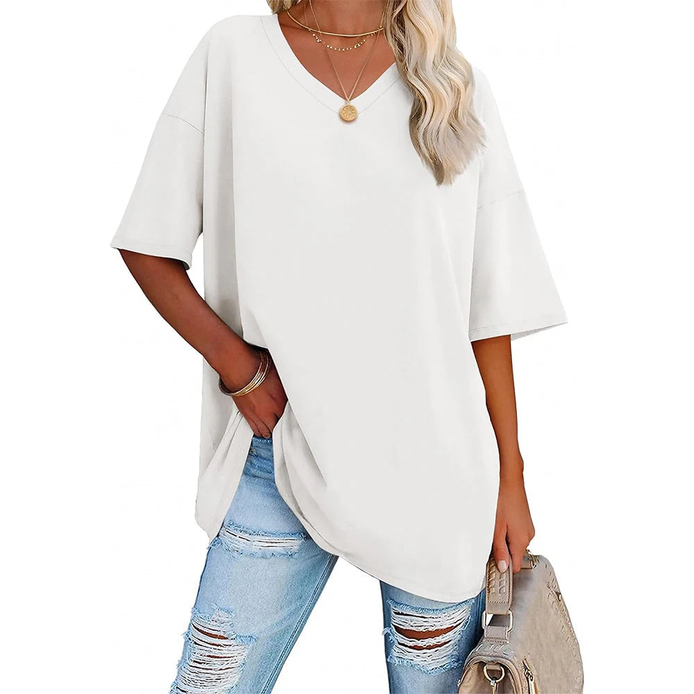Womens Oversized T Shirts V Neck Tees Half Sleeve Cozy Comfy Tunic 2024 Y2K Tops Casual
