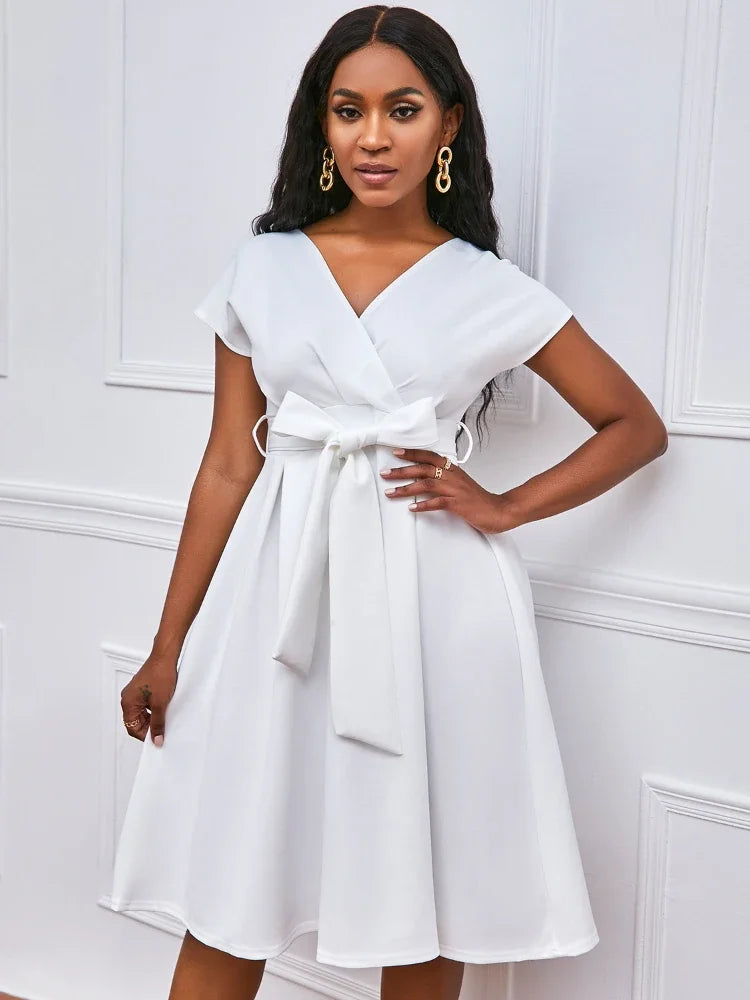Women V Neck Dress Pleated A Line with Waist Belt Party Fashion Female African Event Occasion Prom White Celebrate Elegant Robes
