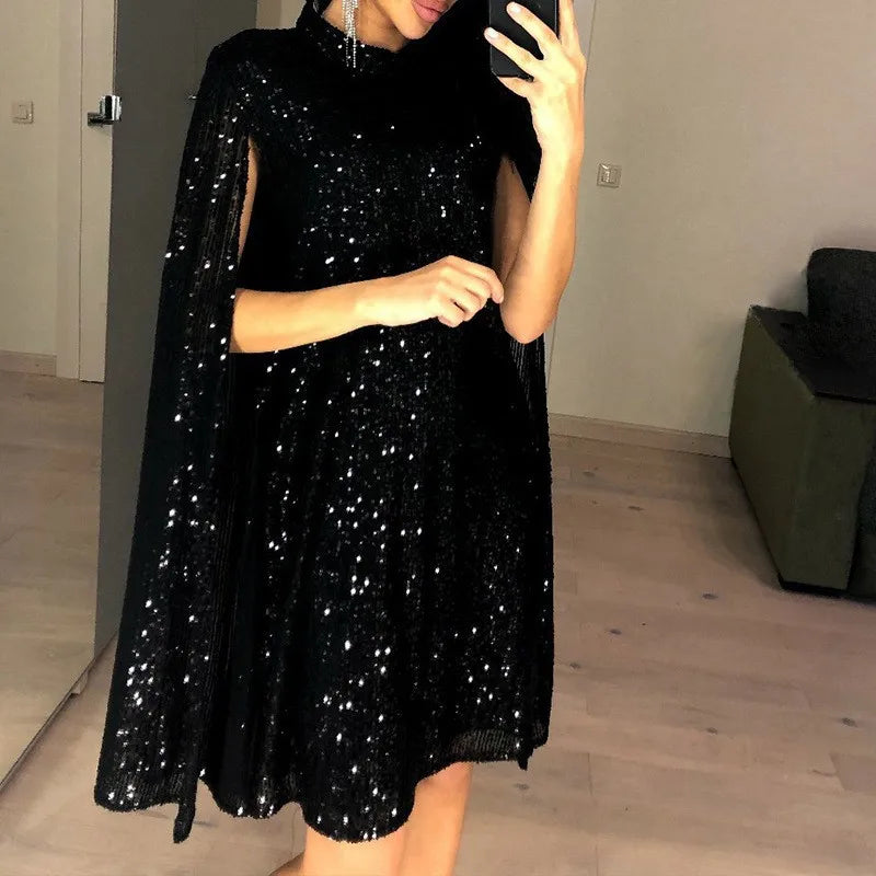 Sexy Party Sequin Glitter Cloak Sleeve Elegant Woman Dress 2025.  S-2X