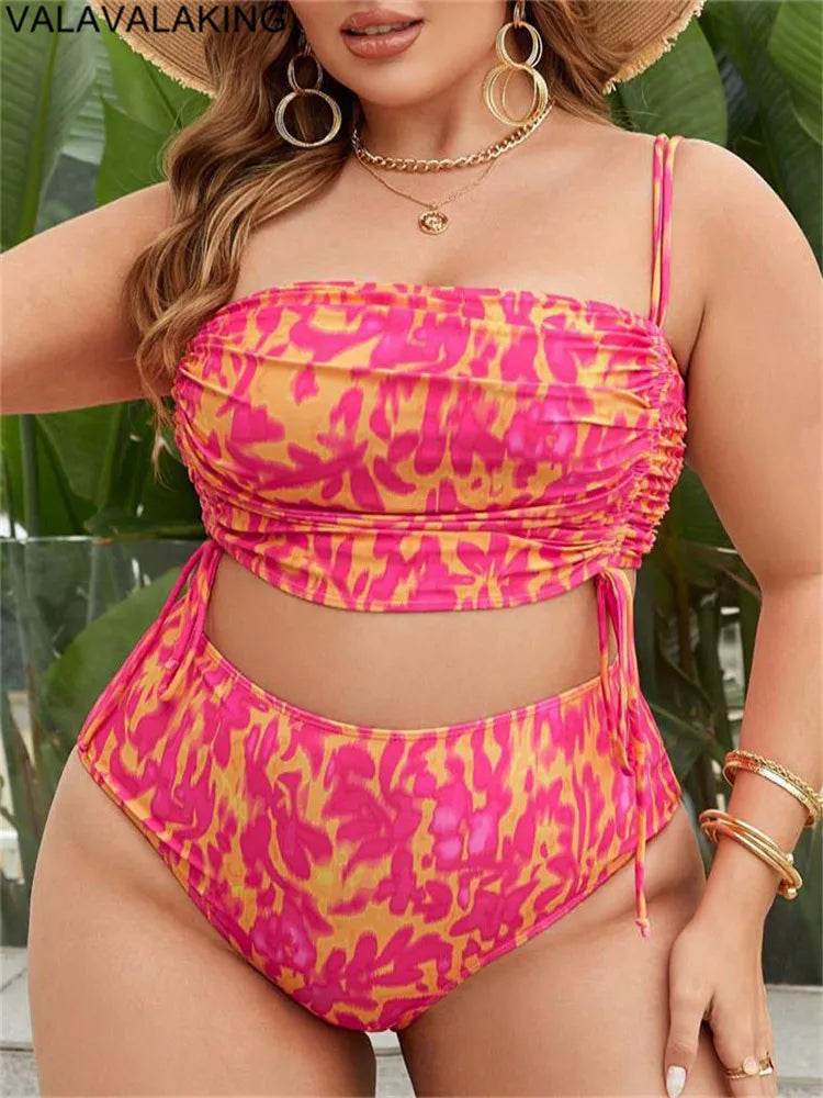 2025 Two Piece Plus Size Women Strapped Swimsuit High Waist Swimwear