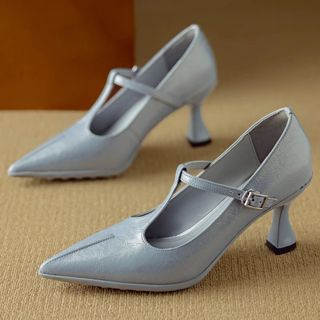 Women's genuine leather pointed toe metal buckle slip-on t-strap pumps elegant ladies 7.5cm thin high heeled daily dress shoes