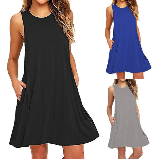 Summer Casual T Shirt Casual Dress Or Beach Cover up Plain Pleated Tank Pocket Dress