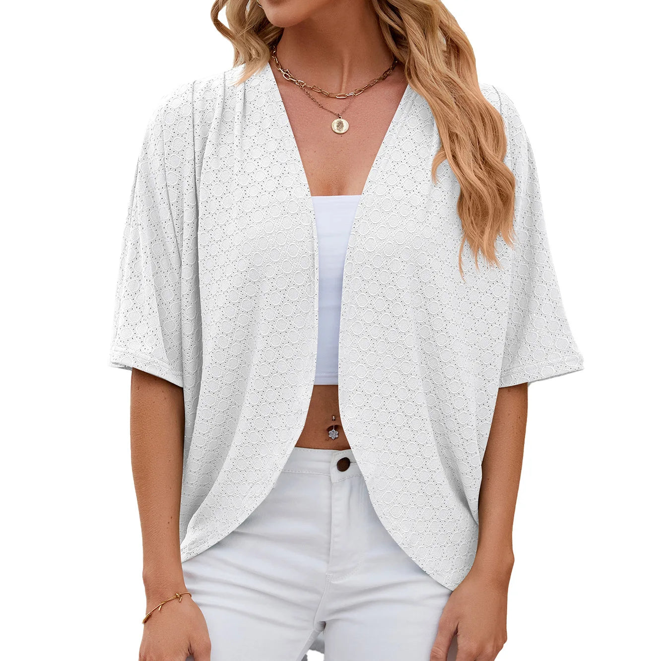 New spring Summer Fashion Ladies Hollow Out Cardigan solid color short-sleeved casual loose top Women Outwear.  S-2X