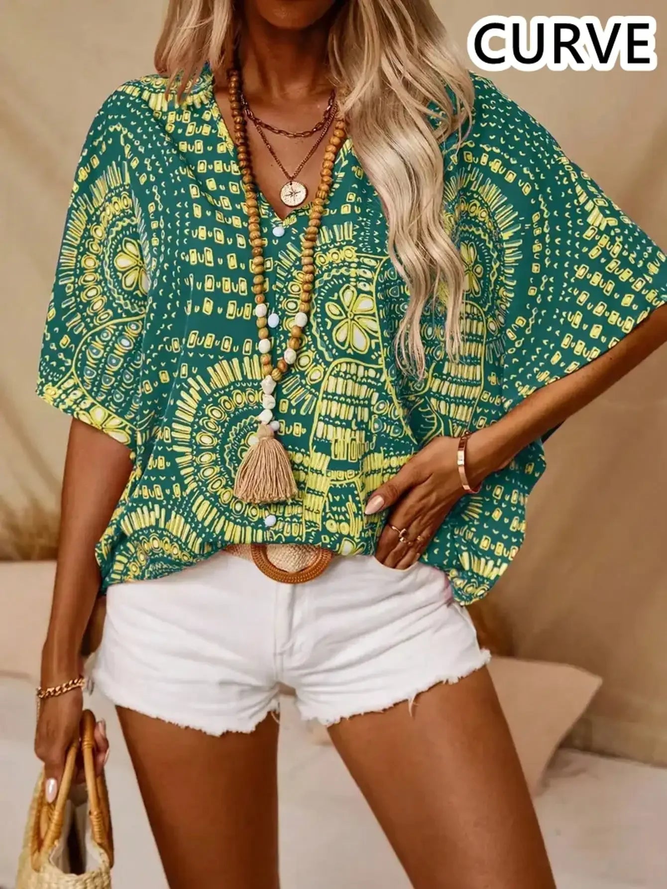 Plus Size 1XL-5XL Women's Fashion Print V-Neck Bat-wing Sleeve Blouse Casual Short Sleeve Summer Shirt.