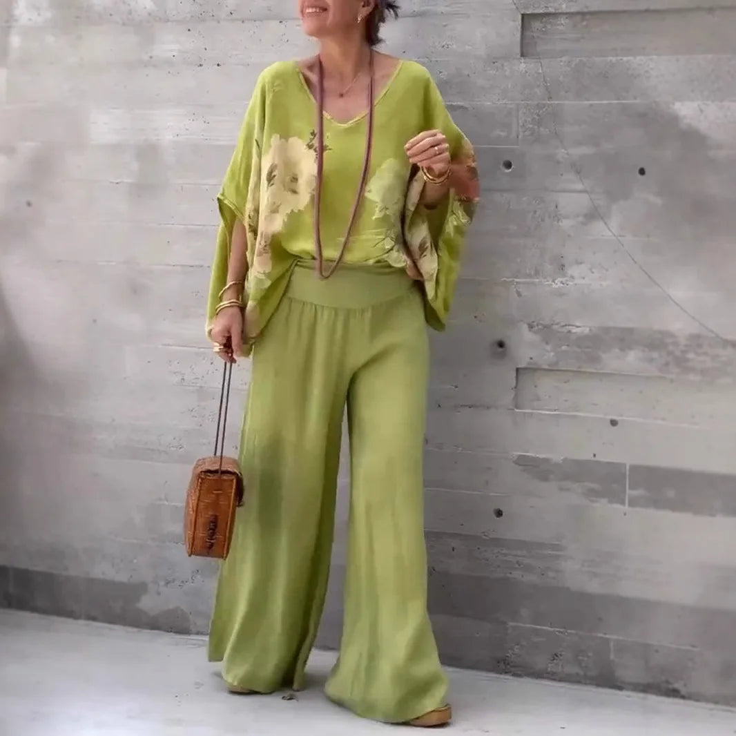 Casual Two Piece Women Spring and Summer Flower Print Short Sleeve Shirt Wide leg Trousers Fashion Suit.  S-3XL