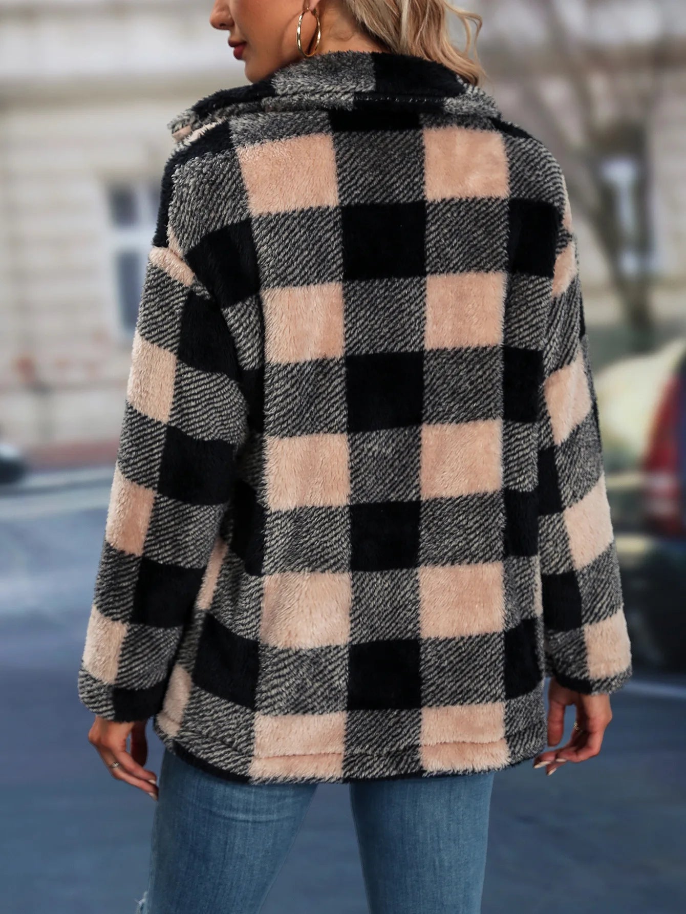 Cross border European autumn/winter square plaid lapel women's coat