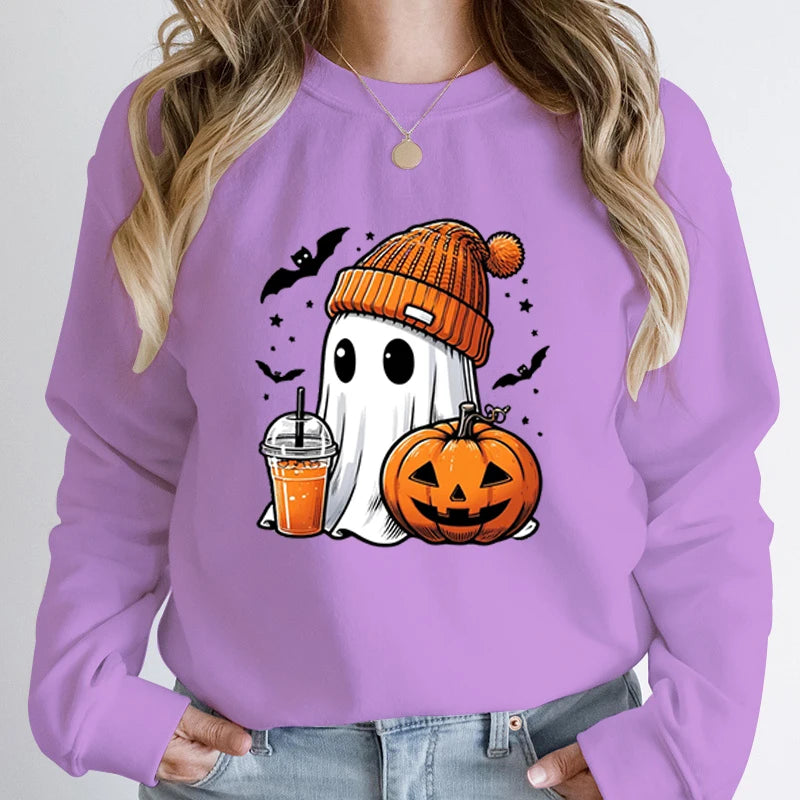 Unisex Fashion Halloween Ghost Pumpkin Bat Print Pullover Ladies Long Sleeve Halloween Sweatshirts.   S-2X