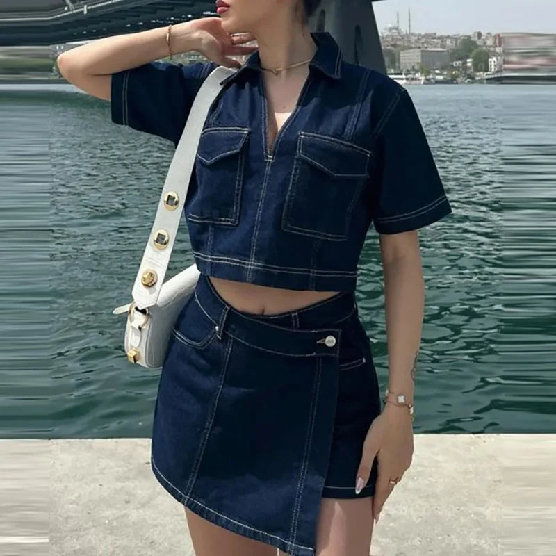 2025 Casual Solid Pocket Outfit Summer V Neck Top with Shorts Two Piece High Waist Denim Suit