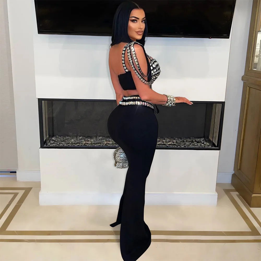 Rhinestone 2 Piece Skirt Set Elegant Luxury Long Skirt Summer Outfit Crop Top Two Piece Set.  S-2x
