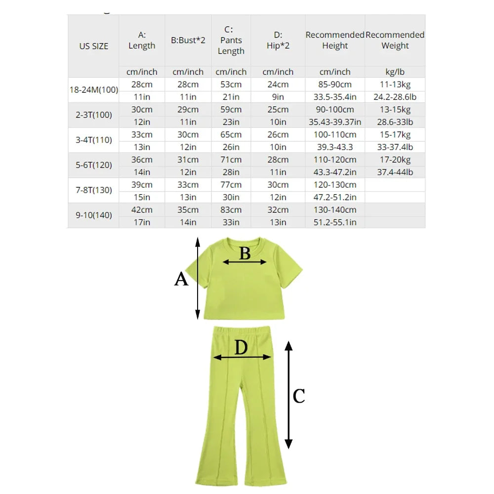 2025 Summer Girl Bell Bottom Outfits 2pcs Solid Cotton T-shirt Pants Suit For Children Teenage Girls Fashion Tracksuit Clothes