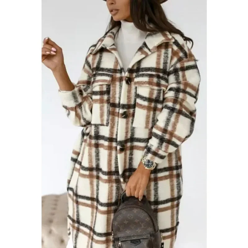 Jacket Spring and Autumn Jacket Women's Plaid Polished Long Sleeve And Pockets Outerwear.  S-2x