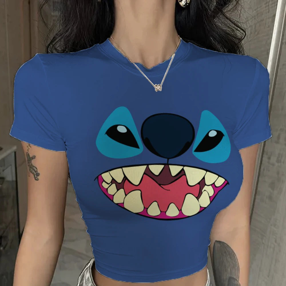 Women Lilo & Stitch Women T-Shirt Slim Crop Top Cartoon Casual Tee Y2k Street Wear .