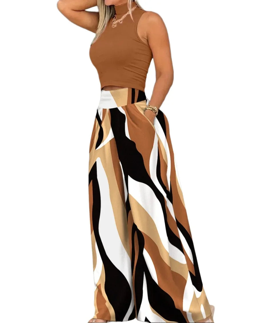 Ladies Elegant Two Piece Pant Set Sleeveless Turtleneck Top Pockets High Waist Wide Leg Pants.