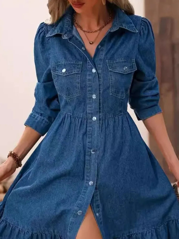 Fashion Ruffles Women Blue Denim Elegant Midi Dress Spring Summer Dress.  S-2X