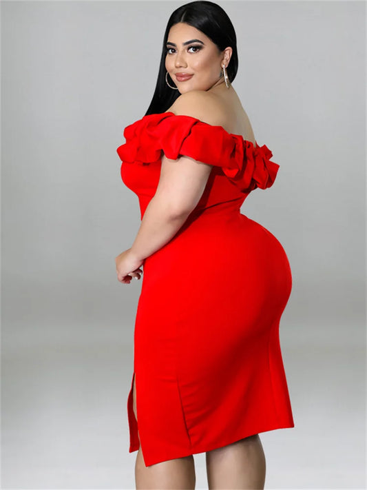 Plus Size Party Dress Ruffles Off Shoulder Solid Bodycon Elegant Midi Summer Dress