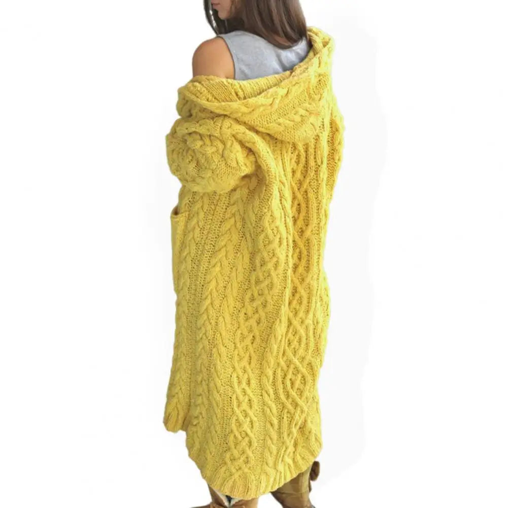 Women Sweater Jacket with Pockets Mid Length Hooded Knitted Twisted Texture Solid Colour Long Sleeve Thick Outerwear.  S-3xl