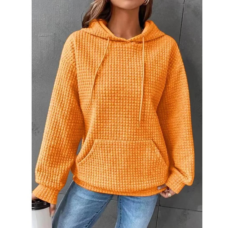 Women's hooded sweatshirt spring and autumn style waffle fashion beautiful solid color hooded drawstring loose sweatshirt.  S-2XL