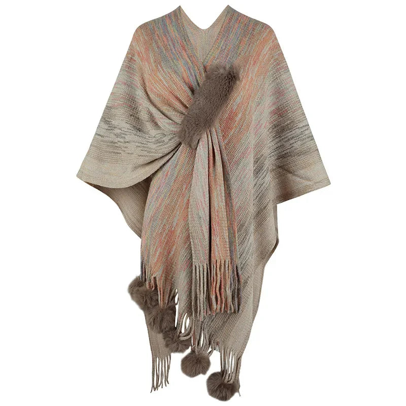 Shawl Women Full Sleeve Tassel Elegant Splice Open Stitch Poncho. (One Size)