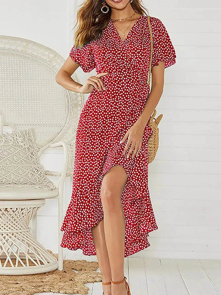 Women Maxi Dress Floral Print Boho Long Dress Casual V-Neck Slit Sexy Party Dress.  S-2x