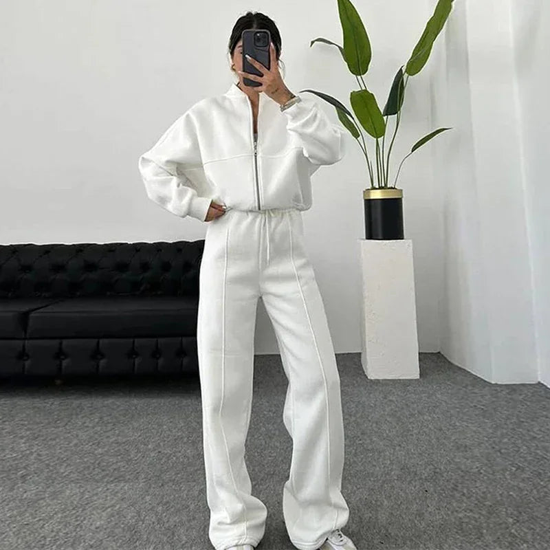 Casual Pants Set Women Spring Autumn Zip Up Jacket Loose Elastic Waist Trousers Suit.