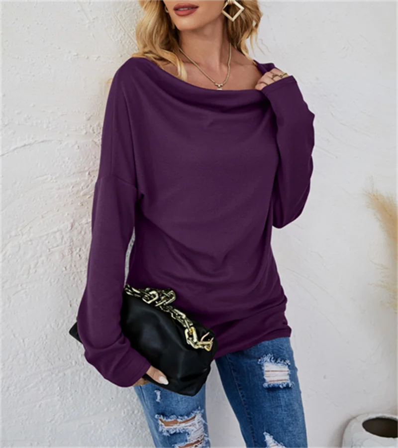 European women's long-sleeved fashion solid colour loose round-necked shirt.  S-2X