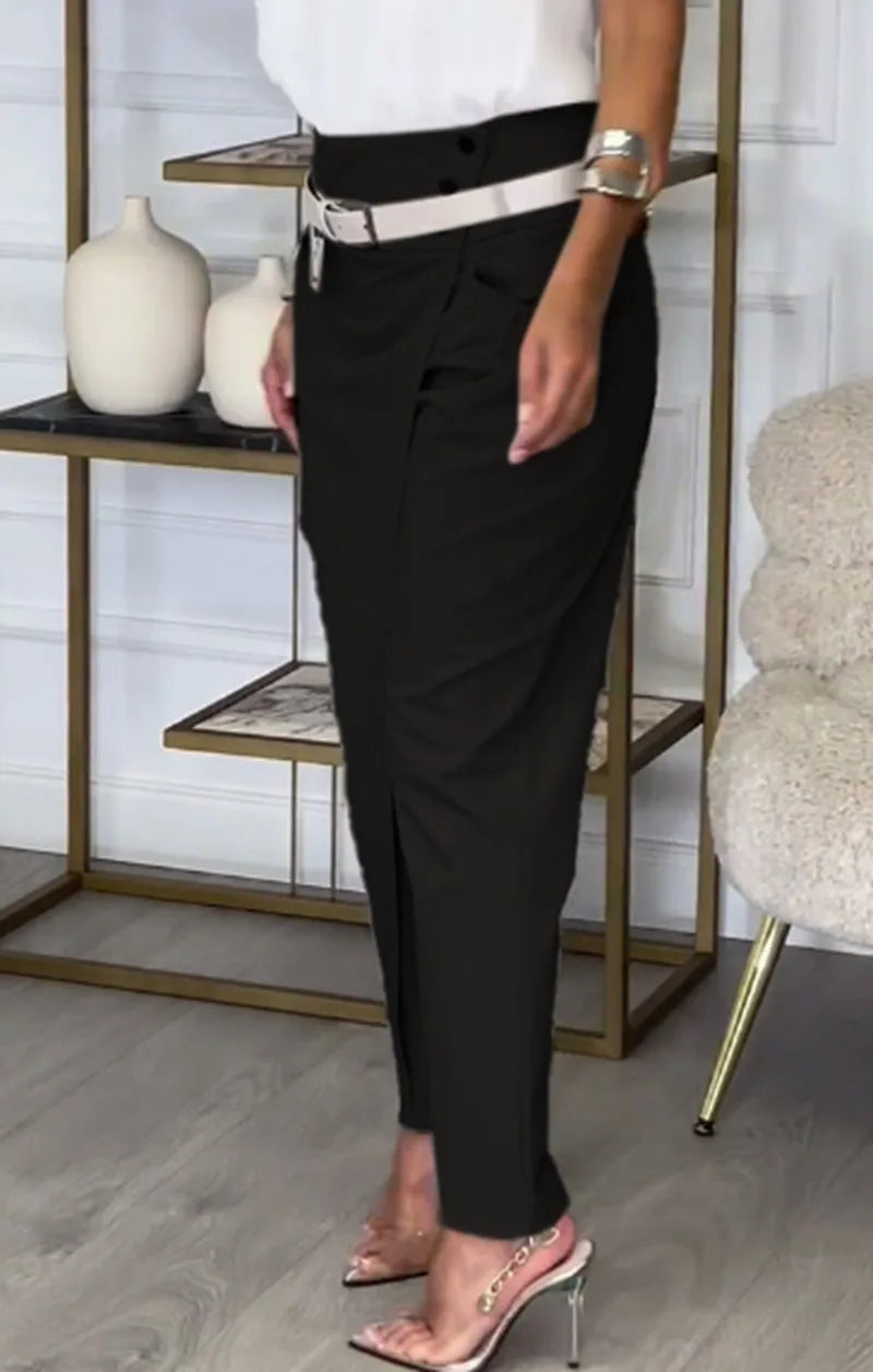 New Asymmetric High Waist Pants For Women Fashion Chic Belt Straight Pants Casual Solid Colour Bottoms.  S-3x