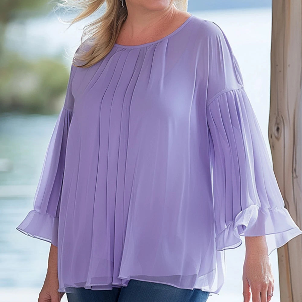 Plus Size Daily Casual Purple Crinkle Chest Layered Chiffon Pleated Flare Sleeves Blouse