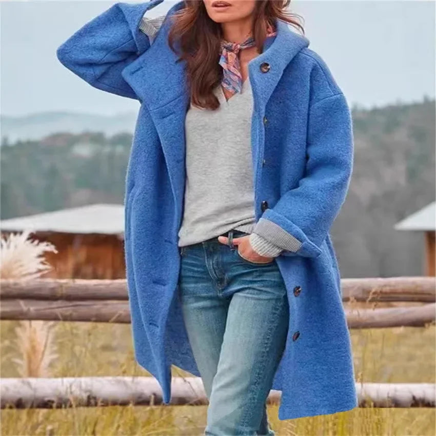 Ladies Retro Style Woolen Coat New Autumn Winter Fashion Outerwear Polyester Fiber Hooded Loose Fit Coat.  S-3X