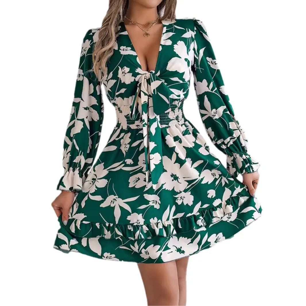 2025 Spring Summer Women's Long Sleeve Flower Printed V-neck Fashion Elegance Dress