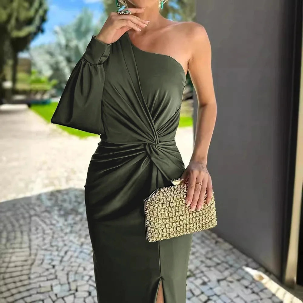 Women's Sexy Party Spring Summer New Skew Collar Fashion Maxi Dress One Shoulder Ladies Dress.  S-3X