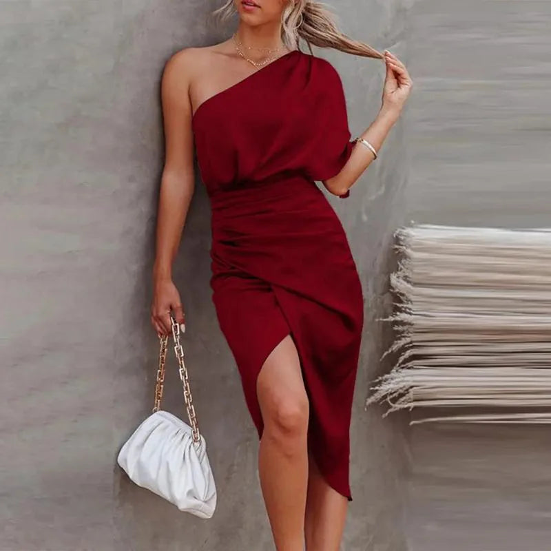 Spring Summer Sexy Dress Irregular Party Women's Satin  Blend Solid Diagonal Collar Dress.  S-2X