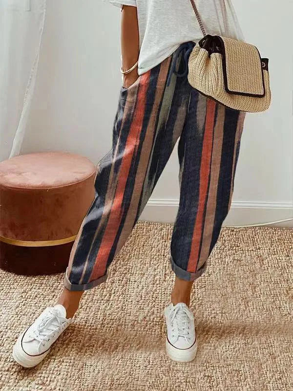 Ladies Summer Spring Cotton Linen Vintage Casual Fashion Loose Stripe Pocket Pant. Sz S-5XL