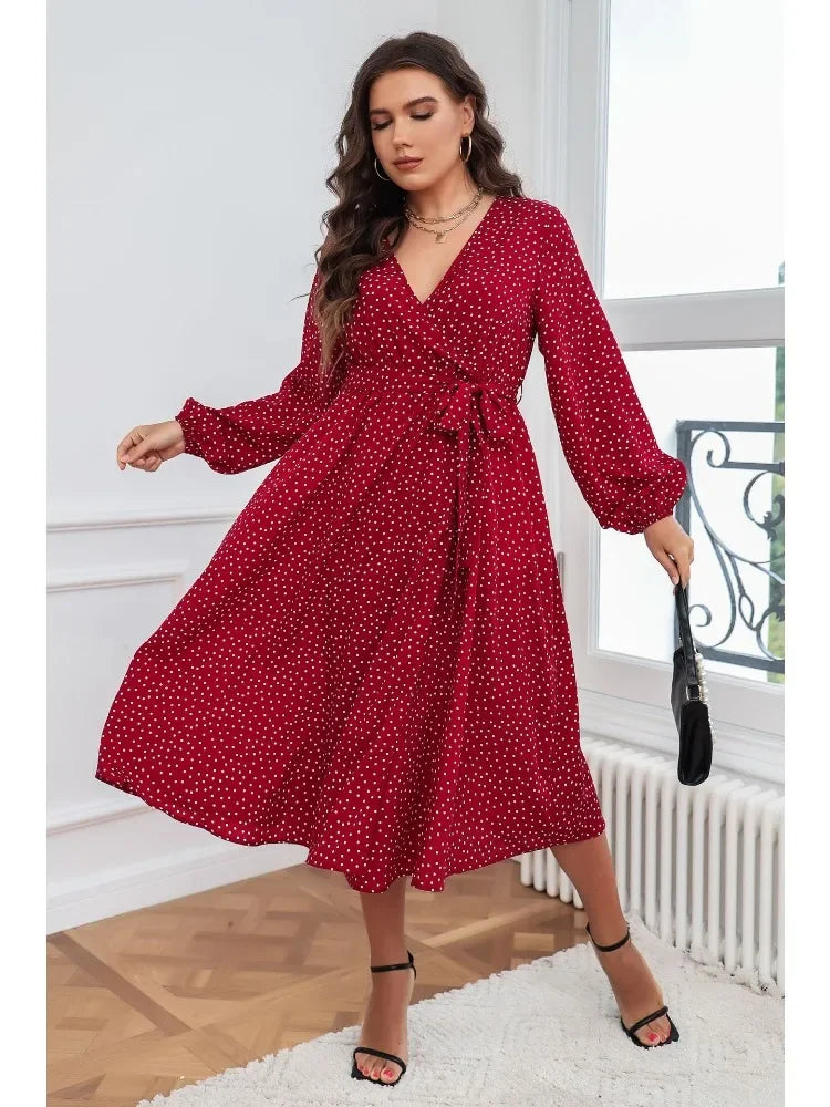 Plus Size Wrap V Neck Dresses Dotted Print Long Sleeves Boho Spring Fall A Line Swing Maxi Dress