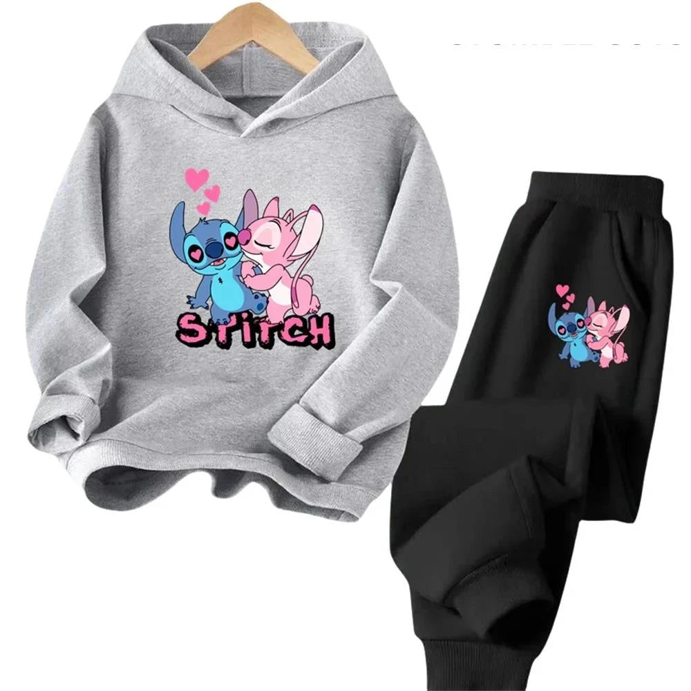 Kawaii Stitch Hoodie For Girls Casual Long-sleeves Sweatshirt+long Pants Sets for 2-13 Years Kids Autumn 2pcs Set Clothing
