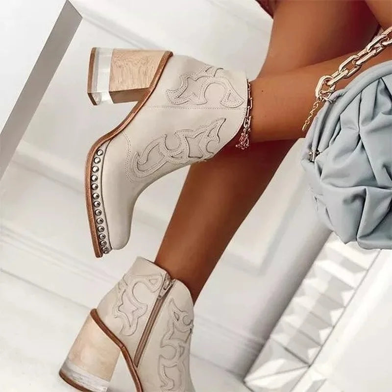 Women Ankle Boots 2025 Leather  Women's Shoes Low Heel Cool British Embroidered Design Soft Short Boots Party Women Footwear