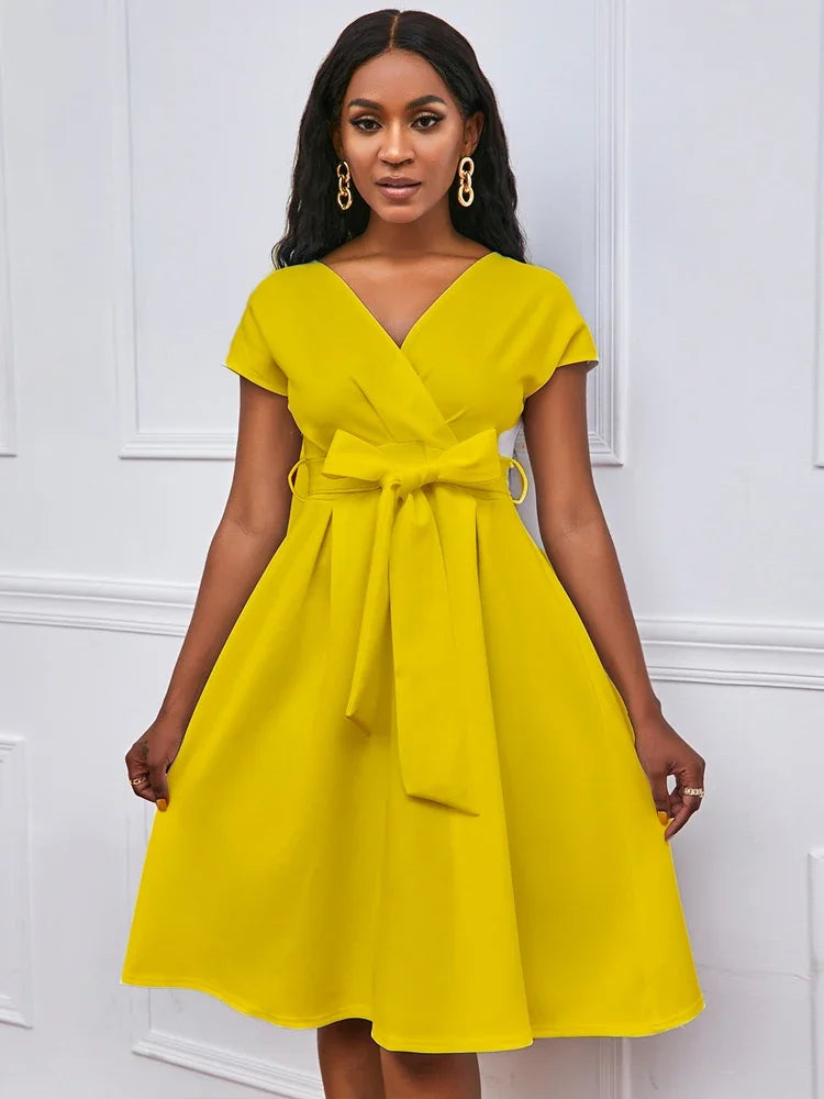 Women V Neck Dress Pleated A Line with Waist Belt Party Fashion Female African Event Occasion Prom White Celebrate Elegant Robes