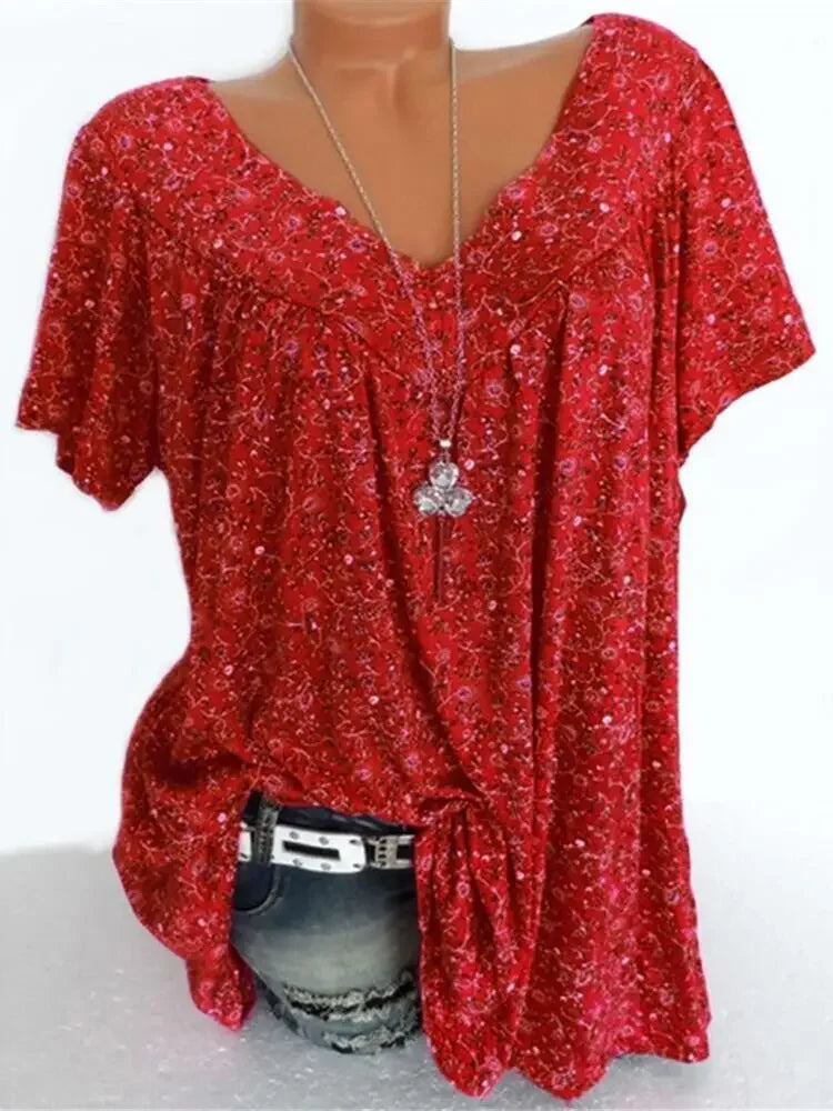 Summer Loose Fit Sleeveless Long V-Neck Ladies Top Floral Print Fashion Top