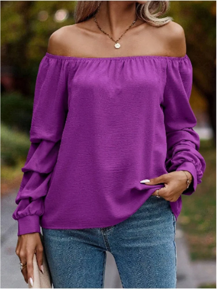 Sexy Long Sleeve Solid Colour Off Shoulder Folding Sleeves, Elegant Casual Blouse. S-2xl