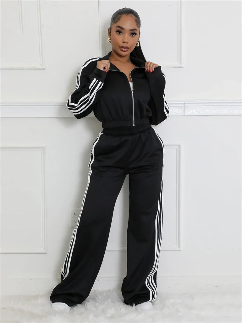 Streetwear 2 Piece Sets Women Outfit Side Striped Crop jacket and Pant Set Casual Sweatsuit.  S-2X