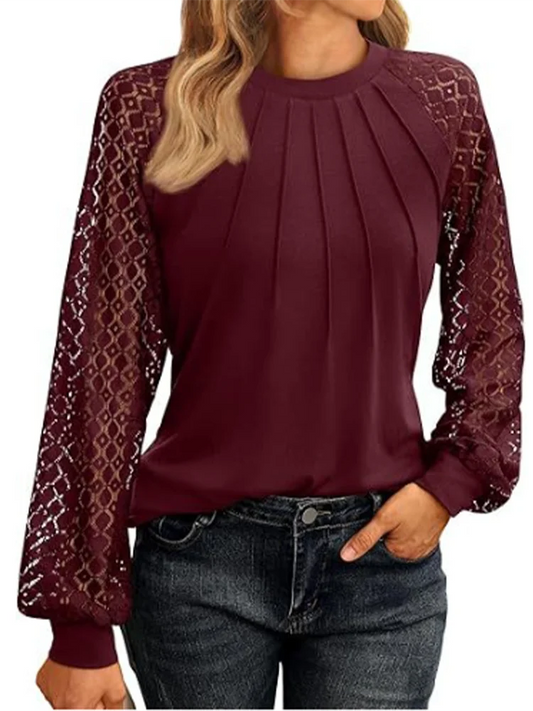 Elegant Lace Pleated Solid Colour Shirt Women's Round Neck Lantern Long Sleeved Blouse .  S-2X
