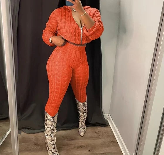 2 Piece Fashion Long Sleeve Cable Knit Hooded Sweater & Pants Suit.