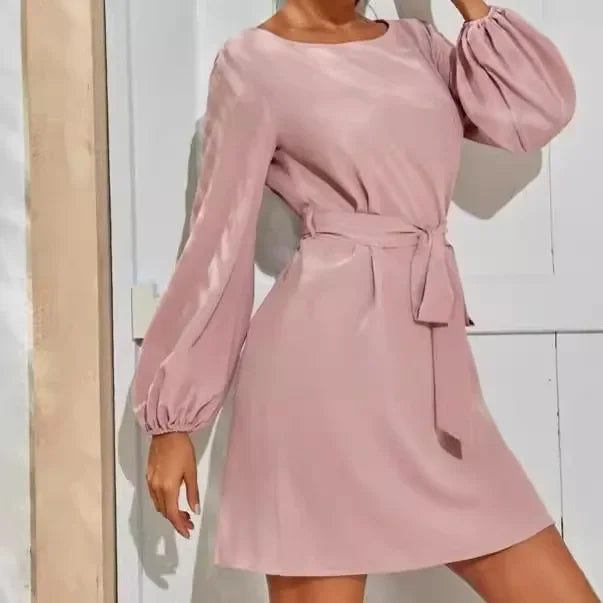 Hot Sale Of The Season New Women's High Waist Midi Dress Pure Color Slimming Commute Friendly Overhead Design Long Sleeve round
