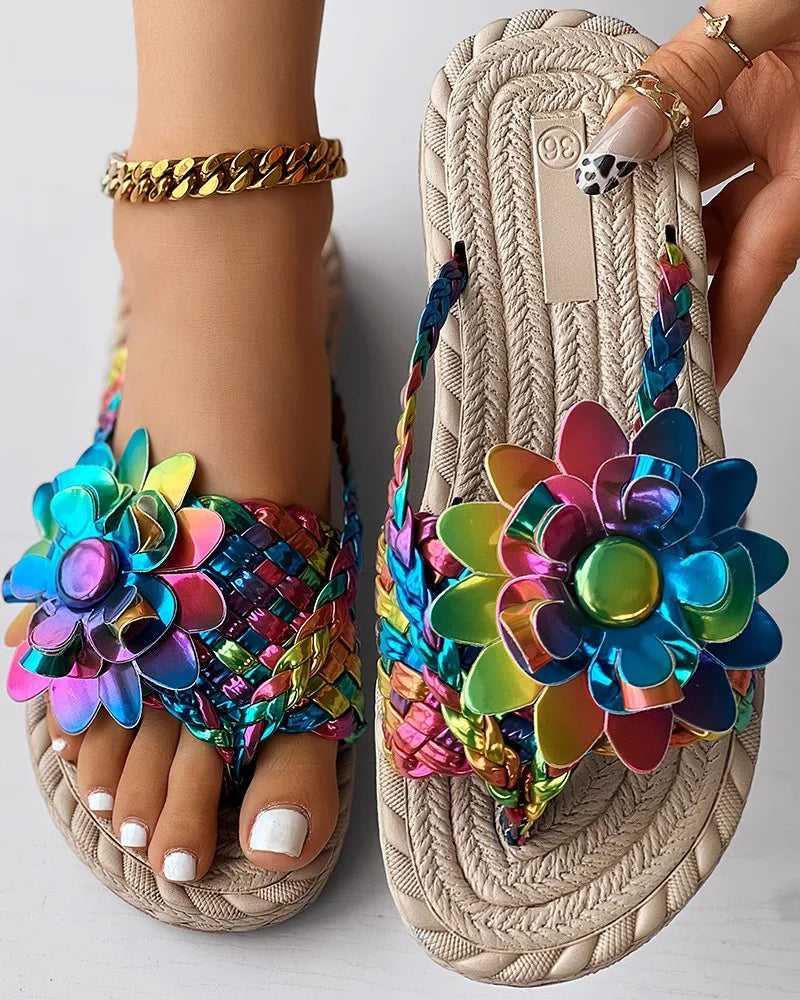 Women Solid Or Ombre Pattern Braided Casual Sandal Holographic Braided Floral Pattern